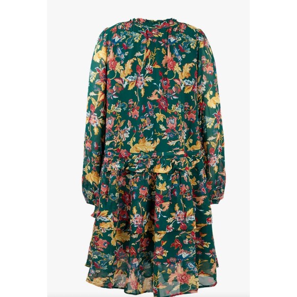 NWT Frye Green Botanical Floral Dress Sz S Peasant Ruffles Tiered Tassles Boho * - Picture 4 of 12